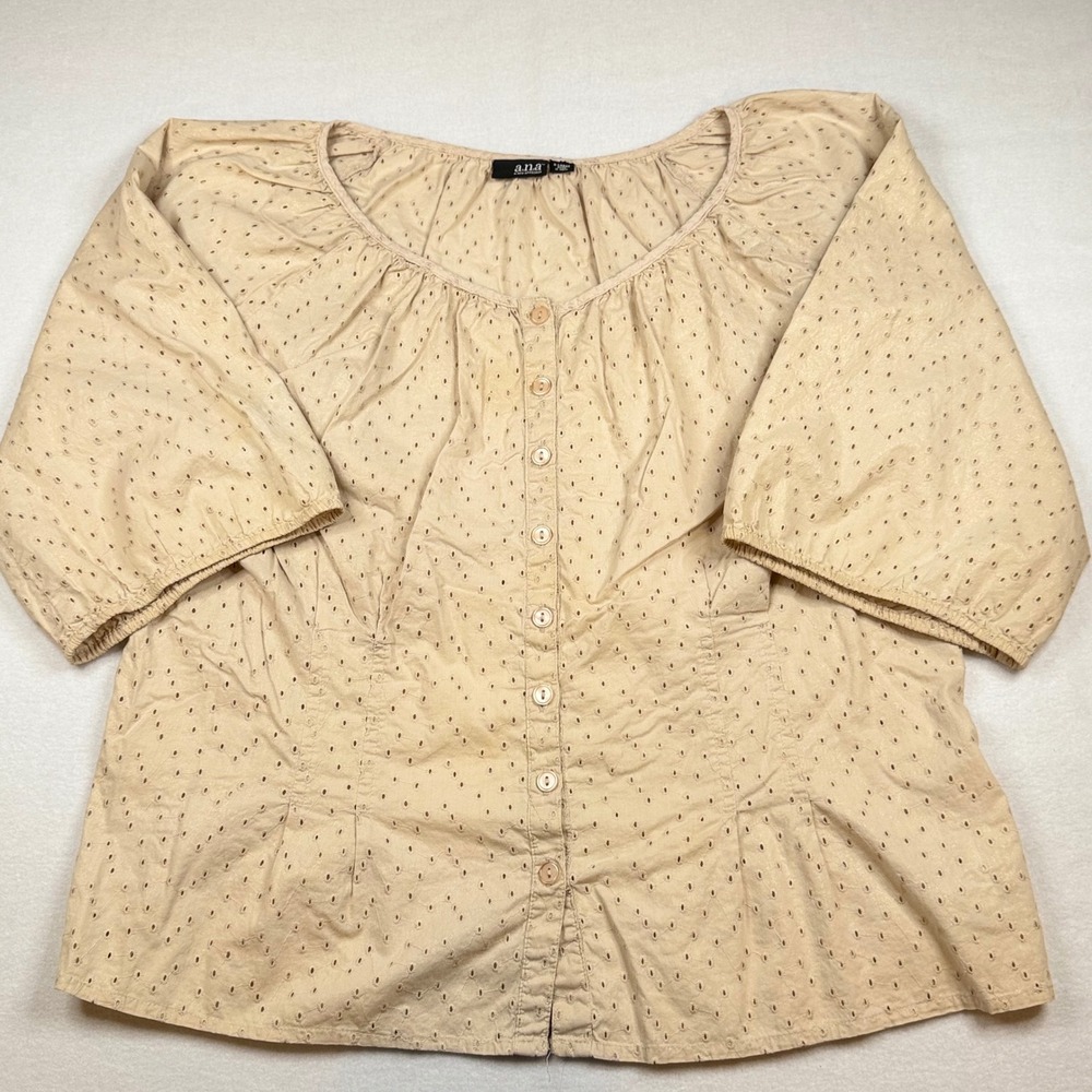 ana A New Approach Peach Cotton Eyelet Button Front Peplum Blouse XL